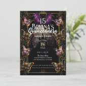 Gothic Fairytale Goud Vlinder & Vleermuis Quinceañ Kaart (Staand voorkant)