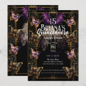 Gothic Fairytale Goud Vlinder & Vleermuis Quinceañ Kaart (Voorkant / Achterkant)