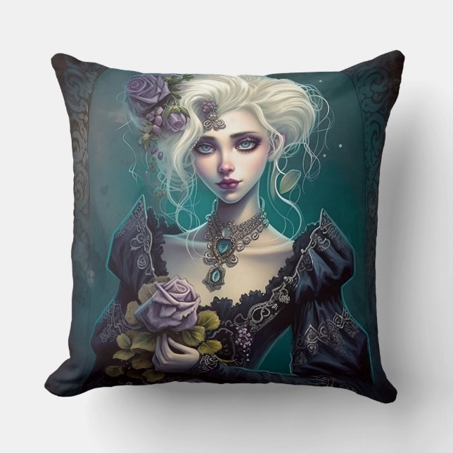Gothic Fantasy Meisje met Lavendel Bloemen Kussen (Voorkant)