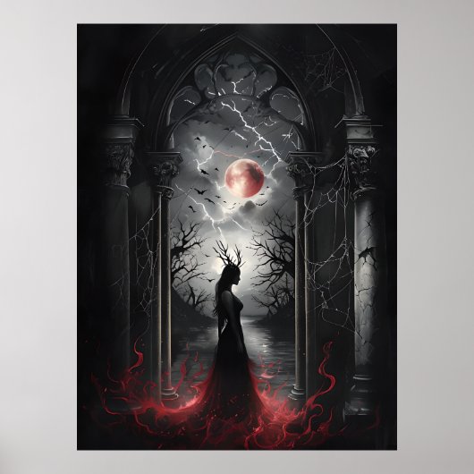 Gothic Fantasy Scene – Red Moon Silhouette Art Poster (Voorkant)