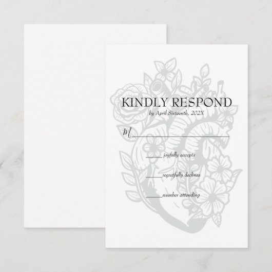 Gothic Floral Heart Spooky White Wedding RSVP Card (Voorkant / Achterkant)