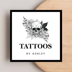 Gothic Floral Skull Black & White Tattoo Artist Vierkante Visitekaartje