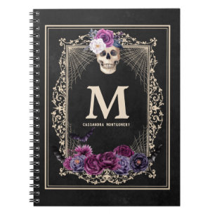 Gothic Floral Skull Custom Monogram & Name Black Notitieboek