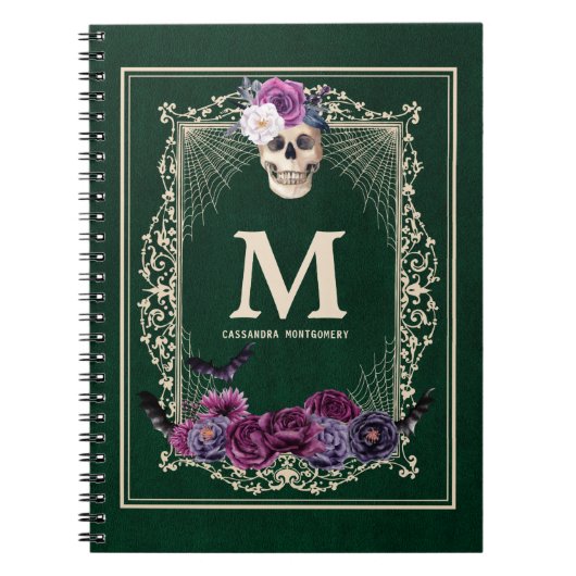 Gothic Floral Skull Custom Monogram & Name Green Notitieboek (Voorkant)