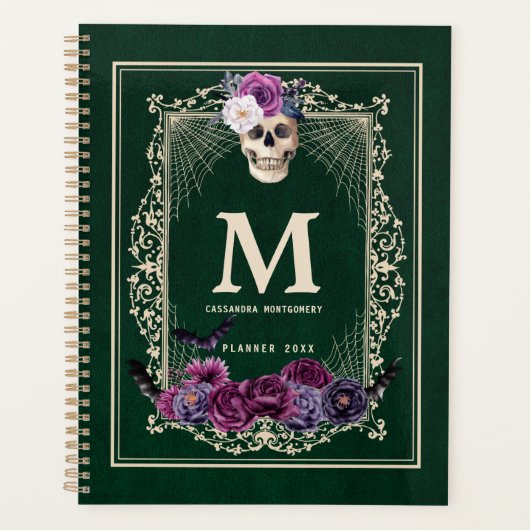 Gothic Floral Skull Custom Monogram & Name Green Planner (Voorkant)