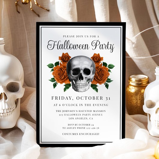 Gothic Floral Skull Halloween Invitation Kaart