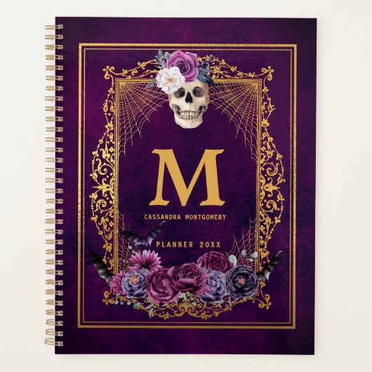 Gothic Floral Skull Paars Custom Monogram Name Planner (Voorkant)