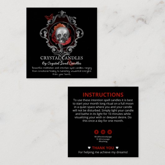 Gothic Floral Skull Spell Instruction Square Busin Vierkante Visitekaartje (Voorkant / Achterkant)