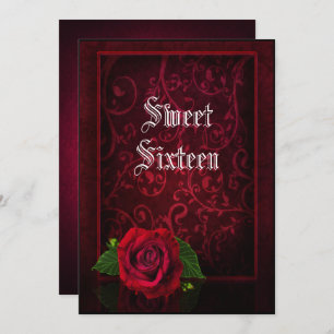 Gothic Framed Damask & Red Rose Sweet 16 Kaart