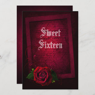 Gothic Framed Letter & Red Rose Sweet 16 Kaart