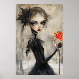 Gothic Girl Raven Red Rose Poster