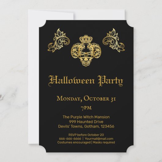  Gothic Glam Black & Gold Skull Halloween Party Kaart (Voorkant)