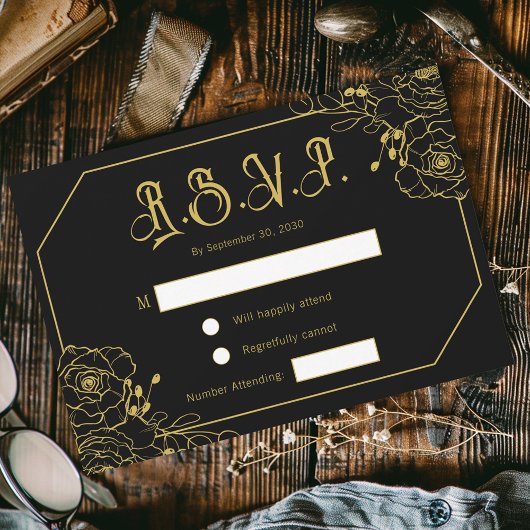 Gothic Glam Black Gold Wedding RSVP Enclosure Kaar