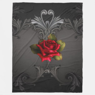 Gothic Glamor Red Rose Black Ornamental Glam Fleece Deken