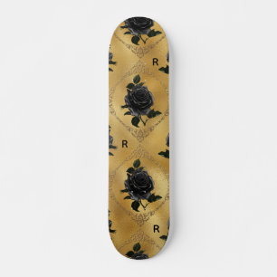 Gothic Gold & Black Roos Flower Monogram Initiaal Skateboard