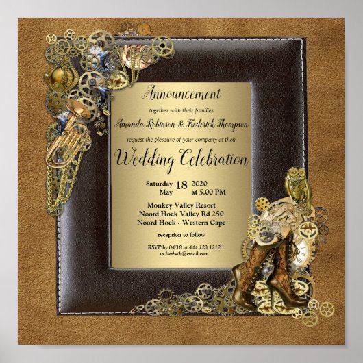 Gothic-Gold Steampunk Wedding Announding Poster (Voorkant)