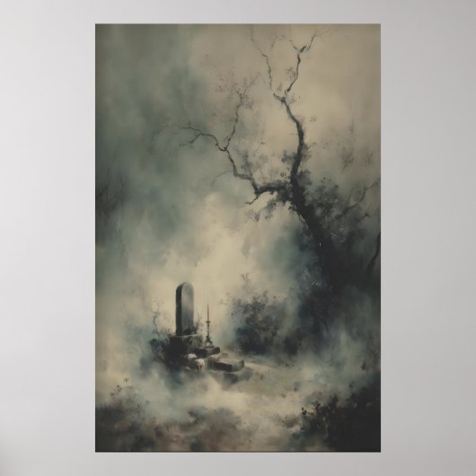 Gothic Grave Under Foggy Trees Dark Halloween Poster (Voorkant)