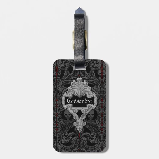 Gothic Grijs Ornament met schedel Aangepast Bagagelabel (Achterkant verticaal)