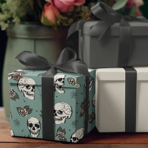 Gothic Groene Schedel en Bloemen Halloween Cadeaupapier