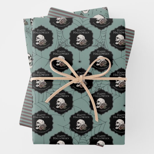 Gothic groene schedels en strepen Halloween Inpakpapier Vel (In situ)