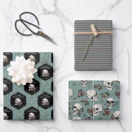 Gothic groene schedels en strepen Halloween Inpakpapier Vel