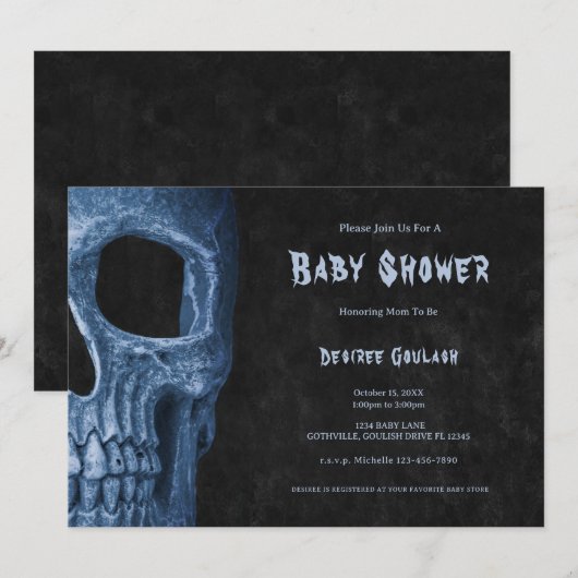 Gothic Half Skull Black Baby Boy Shower Invitation Kaart (Voorkant / Achterkant)