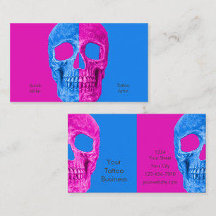 Gothic Half Skull Head Neon Blue Pink Tattoo Shop Visitekaartje