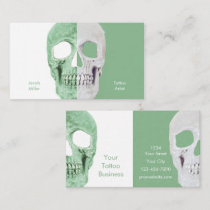 Gothic Half Skulls Pastel Green White Tattoo Shop Visitekaartje