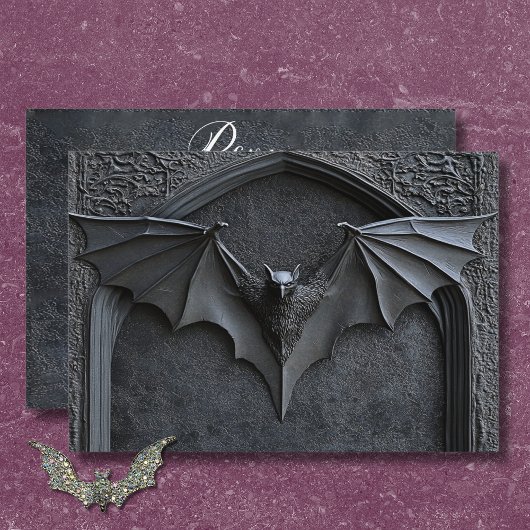 Gothic Halloween Black Bat & Arch Wedding Dinner RSVP Kaartje