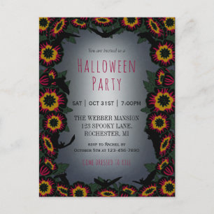 Gothic halloween partijuitnodiging met bloemen en  briefkaart