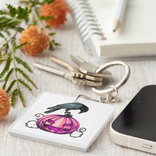 Gothic Halloween Pumpkin and Crow Tee shirt Sleutelhanger (Voorkant Rechts)