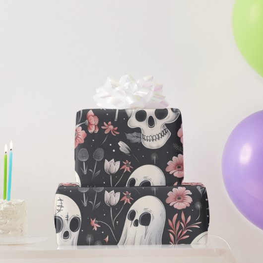 Gothic Halloween  Skull Ghost Floral Cadeaupapier (Feestgeschenken)