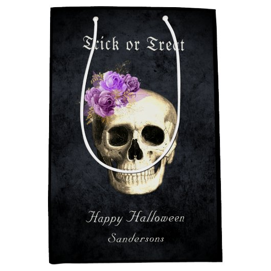 Gothic Halloween Skull Paarse Rozen Gepersonalisee Medium Cadeauzakje (Voorkant)