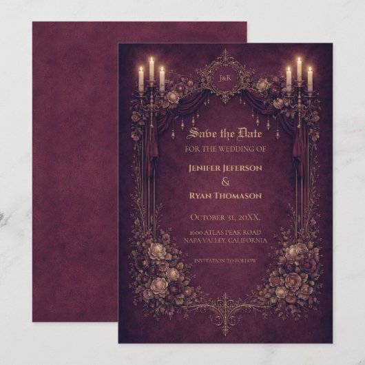 Gothic halloween wedding save the date invitation (Devant / Derrière)