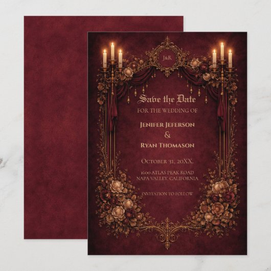 Gothic halloween wedding save the date invitation (Devant / Derrière)