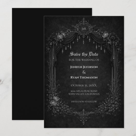 Gothic halloween wedding save the date invitation (Devant / Derrière)