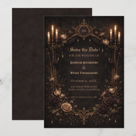 Gothic halloween wedding save the date invitation (Devant / Derrière)