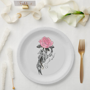 Gothic handbediende skelet met roze roze roze roze papieren bordje