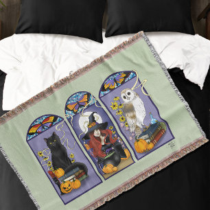 Gothic Heks Zwarte Kat Uil Halloween Art Nouveau Deken