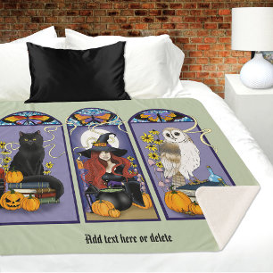 Gothic Heks Zwarte Kat Uil Halloween Art Nouveau Sherpa Deken