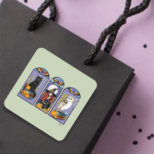 Gothic Heks Zwarte Kat Uil Halloween Art Nouveau Vierkante Sticker