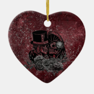 Gothic Kissing Skulls Couple and Blood Red Eternal Keramisch Ornament