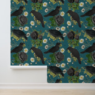 Gothic Kraaien & Zwarte Rozen Diep Blauwgroen Patr Behang