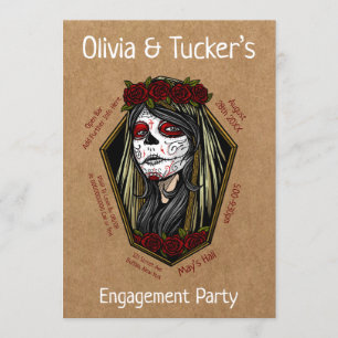 Gothic Lady Skull Coffin Dark Red Engagement Party Kaart
