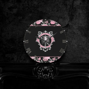 Gothic Love   Roze en zwarte Skeleten Heart Floral Ronde Klok