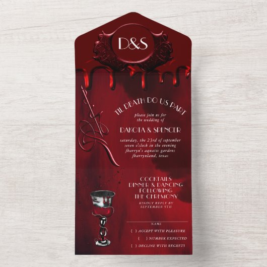 Gothic Luxe | Zwarte en rode bloeddruppels All In One Uitnodiging (Binnen)