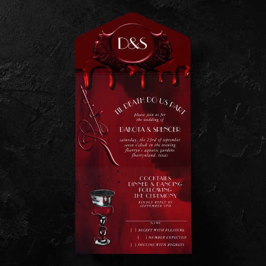Gothic Luxe | Zwarte en rode bloeddruppels All In One Uitnodiging