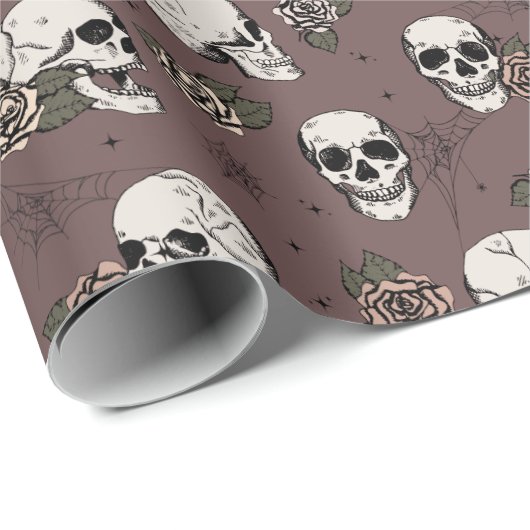 Gothic Maroon Paarse schedel en bloemen Halloween Cadeaupapier (Rol Hoek)