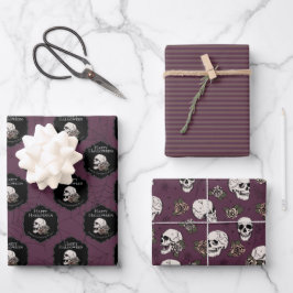 Gothic Maroon Paarse schedels en strepen Halloween Inpakpapier Vel