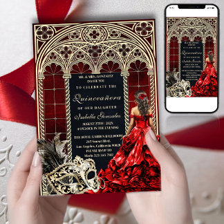 Gothic Masquerade Quinceañera Red Gold Kaart